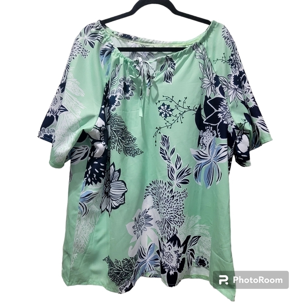 3XL Mint Green Floral Blouse Short Sleeve Boho Cottagecore